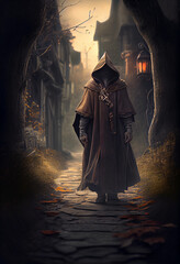 a medieval traveler in a cloak and hood walks along the path. ai generated