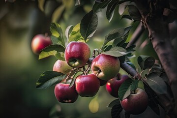 apple tree a branch of beautiful red apples on a garden tree. generative ai