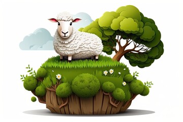 Wall Mural - wonderful and charming Sheep on a hill covered with greenery. Generative AI