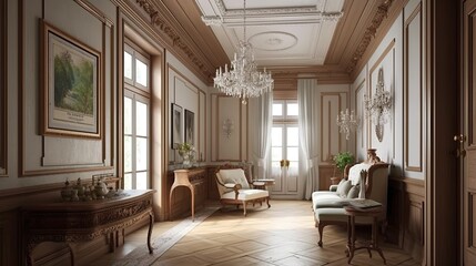 Luxury classic interior of a hall in a mansion with decorated armchairs, windows and wall art. Generative ai design idea