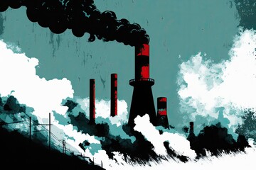 Wall Mural - a factory's rusty old chimneys are spewing thick white smoke against a foggy gray sky. generative ai