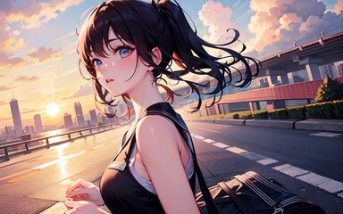 a cute Korean girl running along the city's riverside road, japanese animation style. generative AI