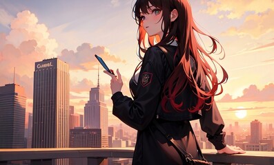 a rooftop of the city building in the sunset, a cute korean girl, japanese animation style. generative AI