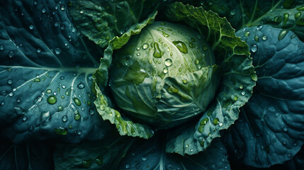 Wall Mural - A head of cabbage with water droplets on it