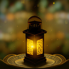 Wall Mural - Ramadan Arabic Lantern lamp glowing ornament with a bokeh background. AI Generated