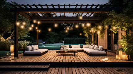 Wall Mural - Interior design of a lavish side outside garden at morning, with a teak hardwood deck and a black pergola. Scene in the evening with couches and lounge chairs by the pool . Generative ai