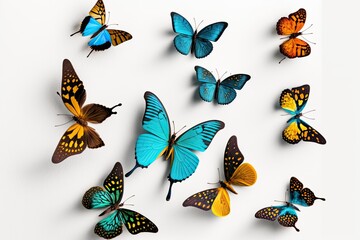 Canvas Print - butterflies in various colors on a white backdrop. Generative AI