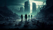 © KT - Post-apocalyptic/End-of-the-world dystopia image. Posterior view of people standing in a ruined city wth Generative AI