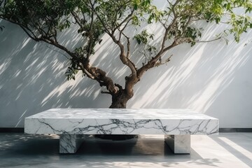 serene outdoor scene featuring a white marble bench under a leafy tree. Generative AI