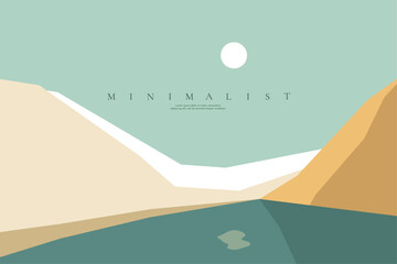 Vector illustration. Flat polygonal design. Nature landscape. Panoramic view. Design element for web banner, website template. Cartoon style. Lake in the desert by sand hills. Blue clear sky