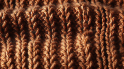 Close up of knitted wool fabric. Brown sweater or scarf pattern, macro background. Winter clothing warm woolen material. Generative AI