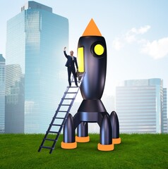 Wall Mural - Young businessman boarding space rocket in start-up concept