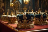Fototapeta Londyn - Many Royal golden crowns with jewels. Symbols of United Kingdom monarchy. Generative AI.