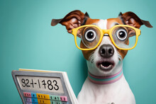 Cute Jack Russell Terrier Dog In Glasses With Surprised Eyes Counting Taxes, Created With Generative AI Technology