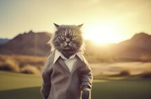 Cat Professional Golfer On Golf Course Playing Golf At Dusk Generative AI