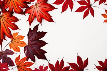 Wall Mural - Red autumn maple leaves falling on a white background in a top view flat lay border composition with a copy space anime style close-up banner. Generative AI