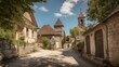 A charming village with a historic church and clock tower Generative AI