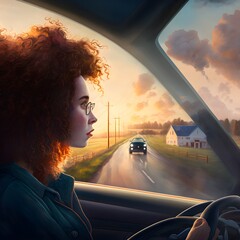 a woman with curly hair in her 40s driving on a rural road There are cows and a small town in the distance A single wind turbine is visible through he window it is sunrise and she looks optimistic 