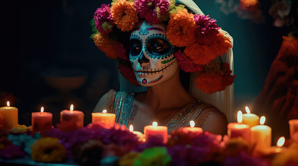 Wall Mural - Beautiful woman in traditional mexican costume and bright make-up decorated with flowers and patterns for the day of the dead. Generative AI