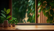 Background of a wood table and a window with light