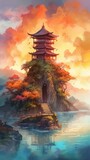 Fototapeta Sport - A floating island surrounded by fluffy clouds and a beautiful sunset, chinese building, Generate Ai