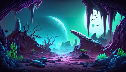 2D alien planet background environment for a battle arena mobile game. Another world fantastic landscape flat cartoon style. 2D realistic illustration. Generative AI