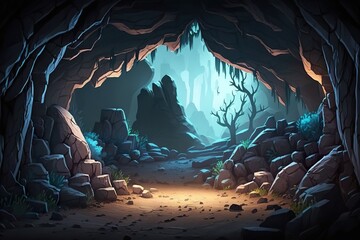 Wall Mural - 2D fantasy cave in rock background environment for a battle arena mobile game. A passage carved in stone flat cartoon style. 2D realistic illustration. Generative AI