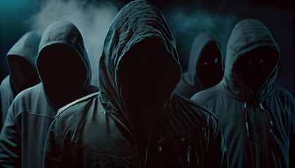 Hackers army. Dangerous hooded group of hackers. Internet, cyber crime, cyber attack concept. Anonymous. AI generated