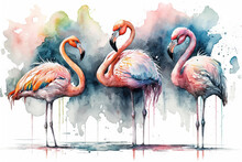 Generative AI. Portret Of Three Flamingo Birds, Watercolor Painting. Red Flamingo (Phoenicopterus Ruber), Zoological Illustration