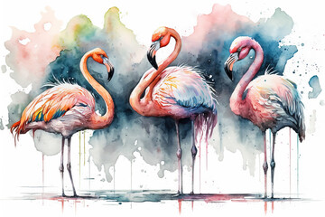 Generative AI. Portret of three Flamingo birds, watercolor painting. Red flamingo (Phoenicopterus ruber), zoological illustration