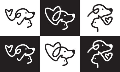 dog and cat logo design. pet care white linear style concept element symbol vector illustration.
