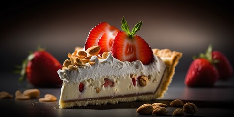 Wall Mural - An exquisite cream pie with strawberries and crunchy almonds, photographed vertically. Generative AI