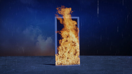 Wall Mural - door on fire on concrete plain features a door with a white frame engulfed in flames with a dark sky