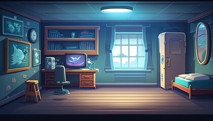 2D room boy background environment for a battle arena mobile game. Beautiful boy's room flat cartoon style. 2D realistic illustration. Generative AI