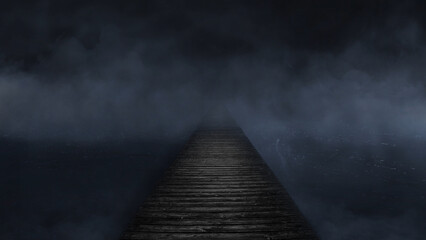 Wall Mural - bridge to nowhere in the foggy dark background features a wooden walkway stretching out over dark wa