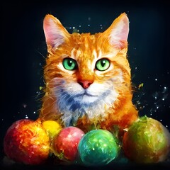 Cute funny cat with rabbit ears, easter background with eggs