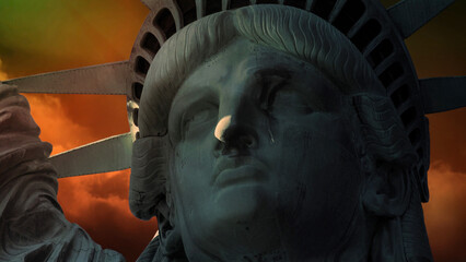 Wall Mural - statue of liberty close with tear features a close-up of the face of the statue of liberty with a te