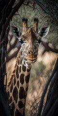 Wall Mural - Image of a giraffe among the woods with a vertical selective focus effect Generative AI