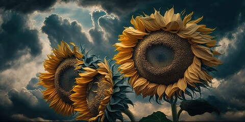 Wall Mural - Sunflowers shot vertically against a dramatic cloud backdrop. Generative AI