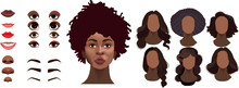 Woman Face Constructor, Avatar Of African American Female Character Creation Dark Skin Heads, Hairstyle, Nose, Eyes With Eyebrows And Lips. Isolated Facial Elements For Construction Cartoon Vector Set