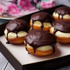  Boston cream donuts in a box, chocolate and cream donut dessert , generative ai