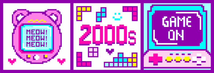 Y2K pixel art, frames for text, slogans.Retro gaming devices screens, 90s-00s throwback aesthetic.Kawaii e-girl items, 8-bit user interface elements, message boxes.Square vector print, baby pink color