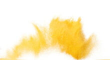 Small Size Yellow Sand Flying Explosion, Gold Cheese Sands Grain Wave Explode. Abstract Cloud Fly. Yellow Colored Sand Splash Throwing In Air. White Background Isolated High Speed Shutter, Throwing