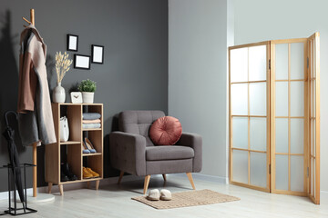 Poster - Modern hallway interior with stylish furniture and decorative elements