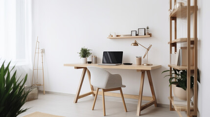 Comfortable workplace with wooden desk near white wall at home Generative AI