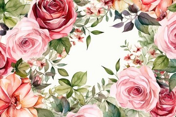 Canvas Print - pink roses and green leaves in a watercolor painting. Generative AI