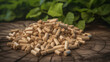 small pile of wood pellets with on top of green leaves. Eco-sustainable biomass concept. Generative AI