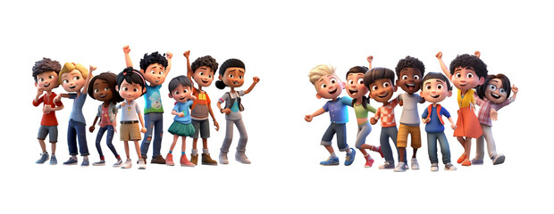 Set of 3D cartoon character cute Happy school kids or students kids, with Friends celebrating holiday summer party dancing having fun together, full body person isolated on white, ai generate