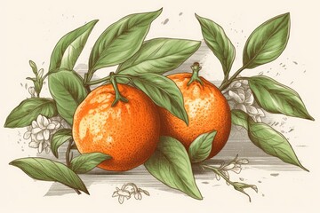 Canvas Print - two oranges with leaves. Generative AI