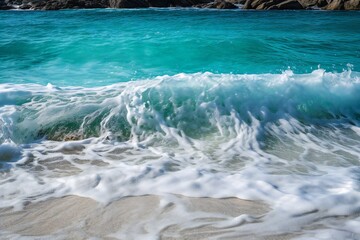 Wall Mural - Beach Landscape Crystal-clear turquoise waves gently kissing the shoreline 2- AI Generative